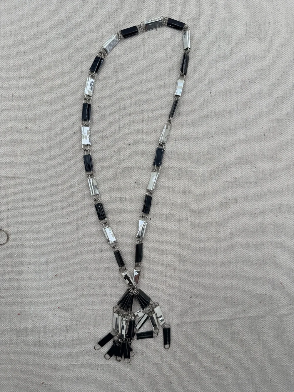 Black and Silver Rectangular Bead Tassel Necklace - Women Jewelry